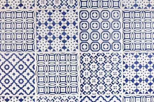Traditional Portuguese blue and white ceramic tile patterns from Senia del Rais in Favignana