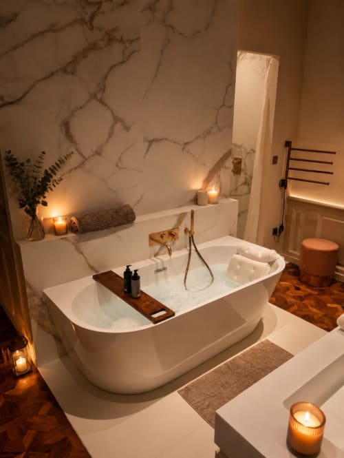 Luxurious marble bathroom at Les Suites de Montigny, Aix-en-Provence, with freestanding tub, candlelight, and elegant white