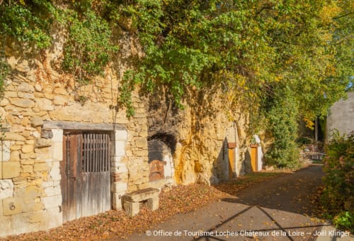 Ancienne habitation troglodyte en pierre aux murs couverts de lierre et porte en bois aux Troglos de Beaulieu, Loches