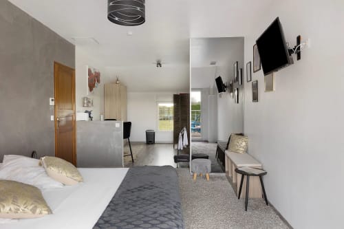 Chambre moderne au Gîte Le Petit Villeneuve avec lit, TV, coin repas et vue sur le jardin à Saint-Georges-sur-Cher