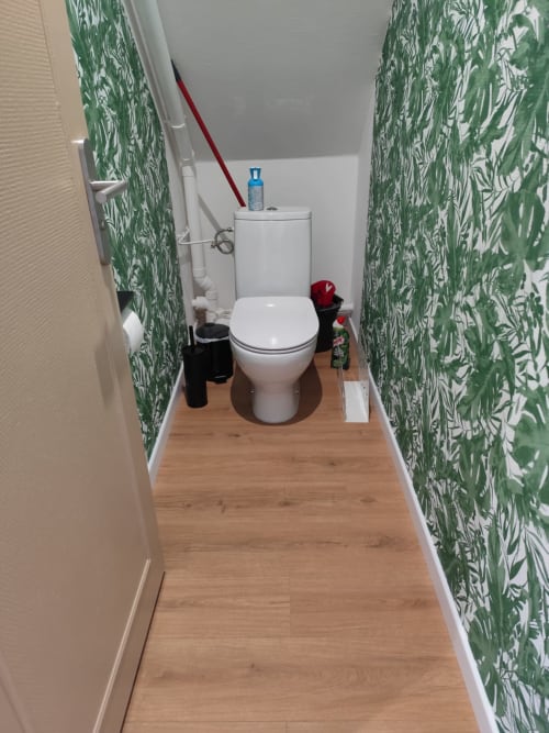 Petite salle de bain à l'Hôtel Accolade Châteaudun avec papier peint botanique vert, parquet et sanitaires blancs