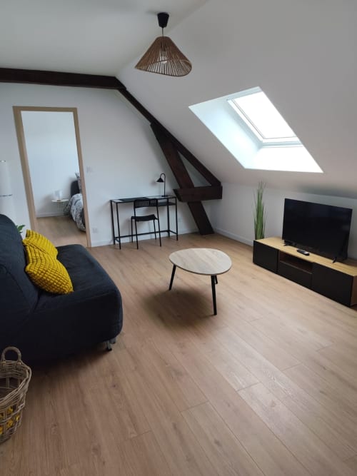 Salon moderne de l'appartement mansardé d'Accolade Châteaudun avec canapé bleu marine, télévision, puits de lumière et parquet