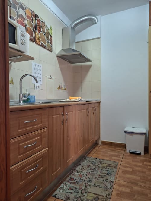 Modern apartment kitchen in Costa Adeje with wooden cabinets, stainless steel sink, tile backsplash, and stove with hood