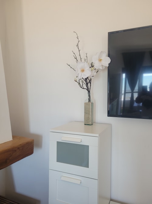 Moderno salón con mueble blanco, orquídeas blancas en maceta, TV mural y viga de madera en Matalascañas