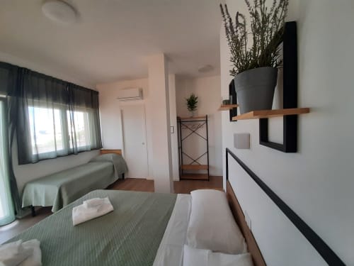 Camera moderna del B&B Bari Centro con letti gemelli, finestra con vista sul giardino, piante in vaso e arredamento contemporaneo a Bari, Italia
