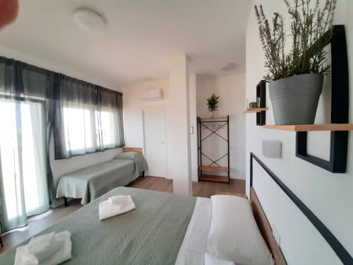 Camera moderna al B&B Bari Centro con letto matrimoniale, vista giardino dalla finestra, piante in vaso su scaffali e stile minimalista luminoso