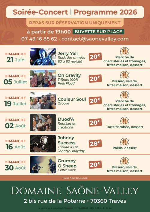 Programme de concerts Domaine Saône-Valley 2026 avec Jerry Yell, On Gravity, Couleur Soul et autres événements avec restauration