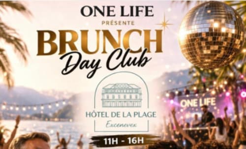 Brunch Day Club à l'Hôtel de la Plage Excenevex avec boule à facettes et vue sur le lac, 11h-16h