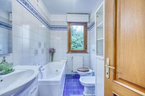 Bagno moderno con pavimento piastrellato blu, sanitari bianchi e porta in legno presso l'Evergreen Luxury B&B di Pisa