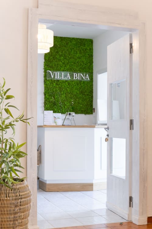 Ingresso Villa Bina Sea Hotel con muro di muschio verde, moderna reception e luce naturale a Serrara Fontana