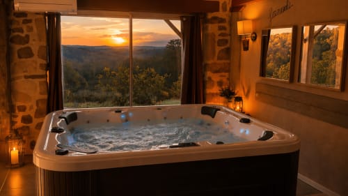 Jacuzzi luxueux avec vue sur les montagnes au coucher du soleil à l'hôtel boutique Les Instants Volés à Tudeils, France