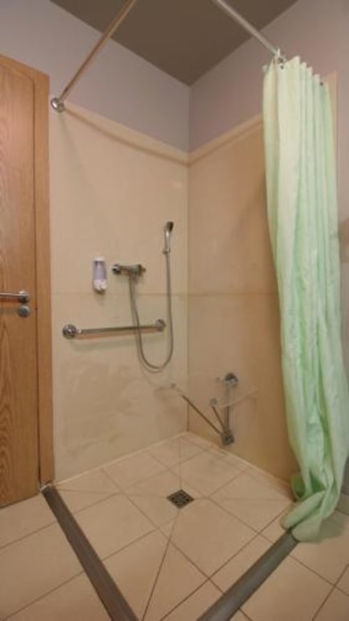Salle de bains accessible à l'hôtel Les Balcons du Sancy à Picherande avec barres d'appui et rideau vert