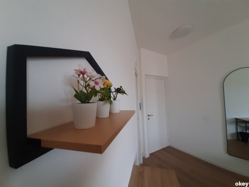 Camera moderna in B&B Bari Centro con scaffale in legno con fiori rosa in vaso, pareti bianche e pavimento in legno