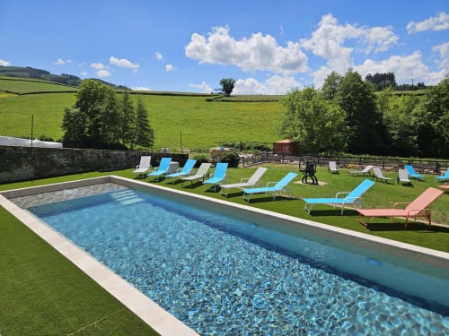 Piscine rectangulaire avec transats bleus sur pelouse impeccable aux Gîtes Les Muriers à Bourgvilain, entourée de verdure