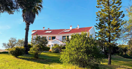 Quinta Vale da Paz, pousada em Azambuja, Portugal, com casa branca e cor de terracota rodeada por jardins verdes exuberantes