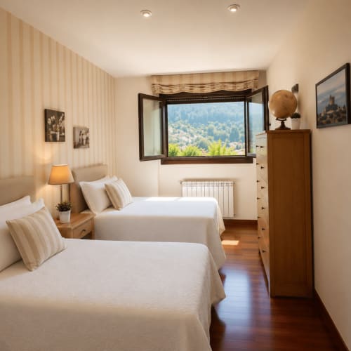 Acogedora habitación doble en Vila Lourido, Baiona, con vistas a la montaña, muebles de madera e iluminación cálida