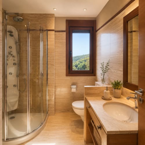 Baño moderno en la casita Vila Lourido de Baiona con detalles de madera, ducha curva, doble lavabo y vistas a la montaña