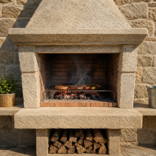 Chimenea de piedra al aire libre con fuego activo y parrilla, terraza  Vila Lourido en Baiona