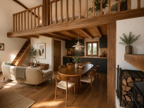 Modern cottage interior at Les Chalets de Mosnay with dining table, wooden beams, and cozy seating area in Mosnay, France.