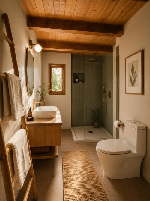 Modern bathroom at Les Chalets de Mosnay cottage with wooden ceiling beams, green tile shower, white vessel sink, and natural