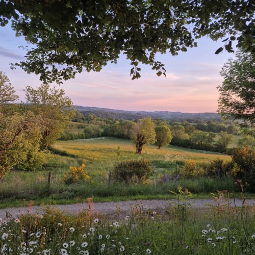Champs verdoyants et collines boisées au coucher de soleil, vue du jardin Chambre Bulle au Mas De Rigoulac