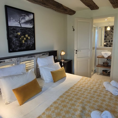 Chambre zen du Mas De Rigoulac avec deux lits, détails dorés, poutres apparentes et salle de bain attenante à Argences-en-Aubrac