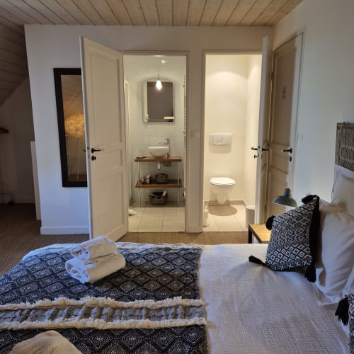 Chambre Nuage au Mas de Rigoulac : chambre avec salle de bains attenante, lit, plafond en bois et équipements modernes.