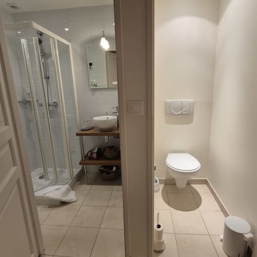 Salle de bain moderne de la Chambre Nuage au Mas De Rigoulac, Argences-en-Aubrac, avec toilettes, douche et lavabo