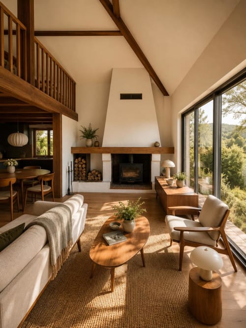 Séjour moderne du chalet Les Chalets de Mosnay avec cheminée, poutres apparentes et vue montagne