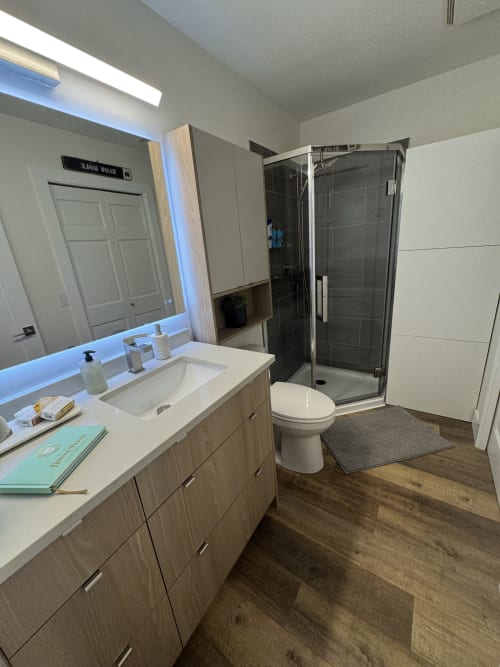 Modern bathroom in Whistler apartment with vanity, mirror, shower enclosure, toilet, and wood flooring