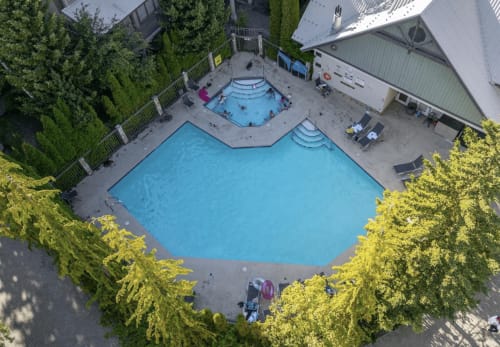 Aerial view of Whistler resort with large heated pool, hot tub, and surrounding alpine forest with manicured grounds