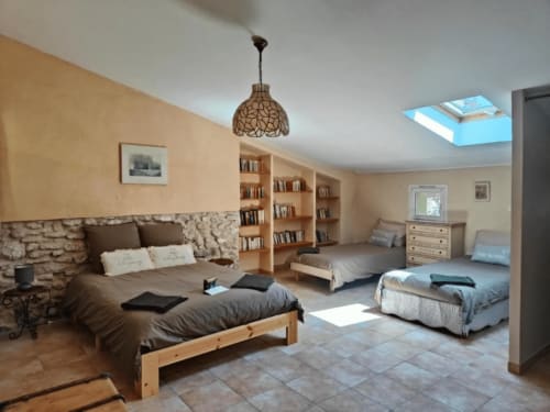 Großes Schlafzimmer im Domaine Bellavigne mit Steinkamin, Holzbetten, Bücherregalen und Oberlichtern in Forcalquier