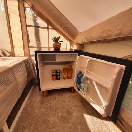 Frigorifero aperto in tenda glamping presso Baia Dorica Camping Village, Vittoria con bevande e pianta in vaso