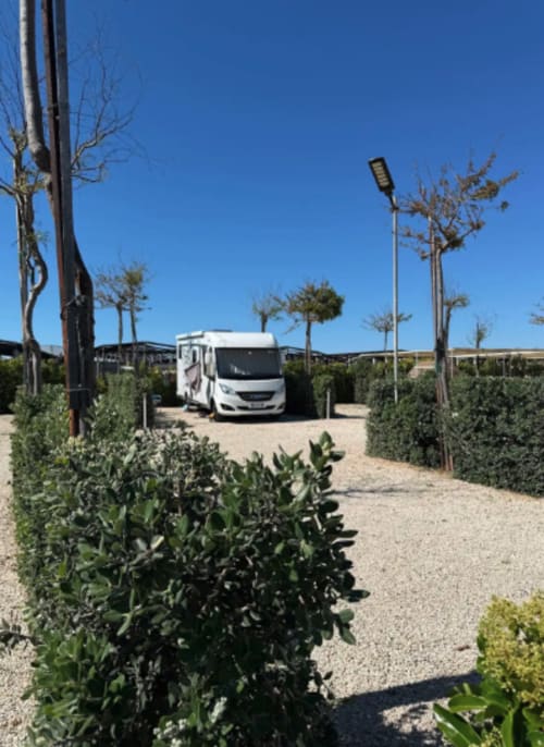 Motorhome bianco parcheggiato al Baia Dorica Camping Village di Vittoria, circondato da palme e verde paesaggio