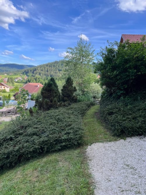 Allée de gravier entre haies taillées avec vue sur les montagnes des Vosges, Chalet le Grizzli au Tholy