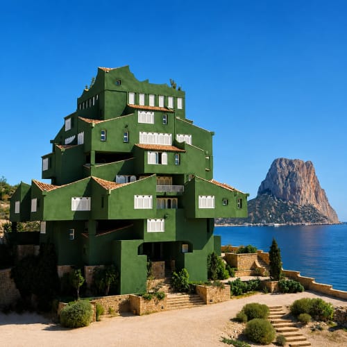 Green modern apartment building overlooking Penyal d'Ifach rock in Calpe with Mediterranean sea view