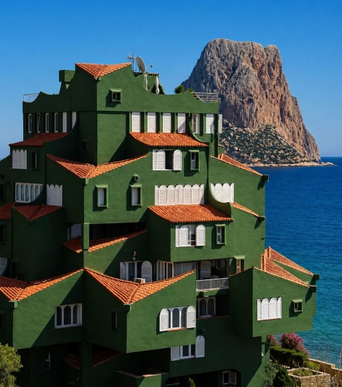 Green apartment building with terracotta roofs overlooking blue Mediterranean sea and dramatic rocky mountain, Calpe Spain