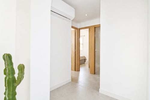 Modern hallway at Riurau Home apartment in Calpe with white walls, wooden doors, air conditioning unit, and cactus plant