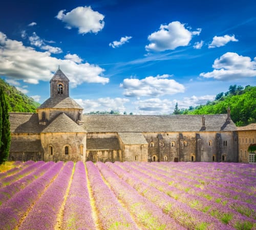 Champs de lavande et monastère en pierre à Forcalquier, paysage provençal