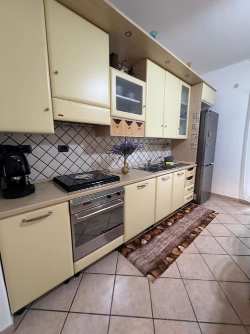 Cucina color crema con elettrodomestici in acciaio inox, rivestimento a spina di pesce e tappeto a motivi marroni presso Catan Appartament in