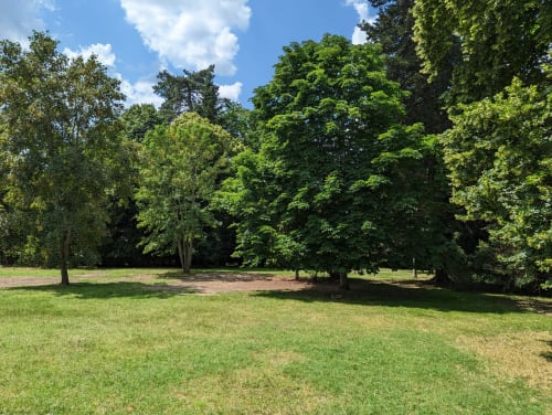 Spacieux parc du Domaine du Faure avec pelouse verdoyante, arbres centenaires et ciel bleu dégagé