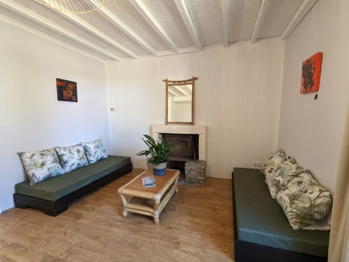 Séjour chaleureux au Gîte Le Bambou du Domaine du Faure avec cheminée, canapés et vue sur le jardin