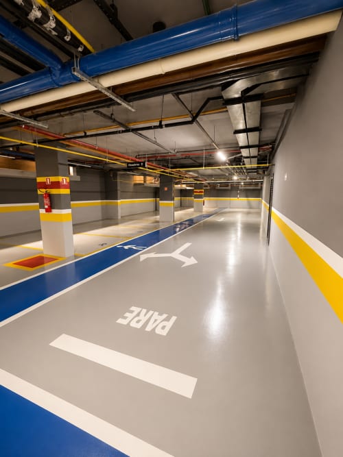 Moderno estacionamento subterrâneo com marcações direcionais azuis e amarelas, pisos de concreto e iluminação superior