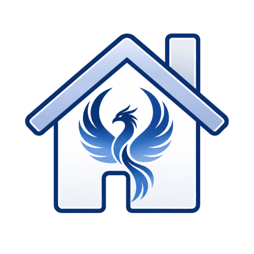 Logo Systeo gestionnaire immobilier : maison bleue avec icône oiseau phénix, service hôtellerie France