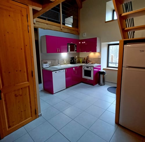 Cuisine moderne avec armoires magenta, appareils électroménagers en acier inoxydable et carrelage blanc aux Gîtes Du Couvent