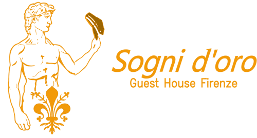 Logo della Guest House Sogni d'oro di Firenze con figura classica dorata e giglio fiorentino