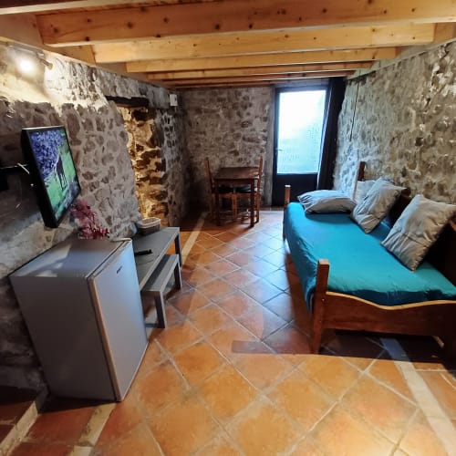 Chambre douillette aux Gîtes Du Couvent avec murs en pierre, lit turquoise, TV, kitchenette et poutres en bois à Nozières
