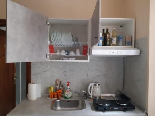 Compact kitchenette at Sogni D'Oro Guest House in Florence with sink, portable stove, and open shelving with dishes