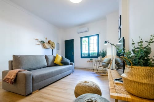 Moderno salón de apartamento en Nerja con sofá gris, plantas en macetas y puerta turquesa brillante