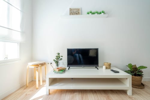 Luminoso salón minimalista en Nerja con televisor, plantas y suelos de madera